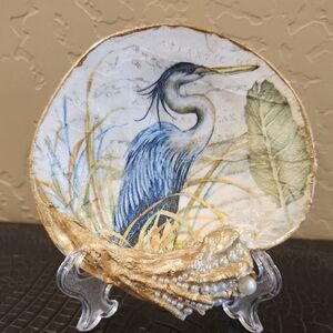 One Of A Kind Handmade Embellished Seashell Blue Heron Design